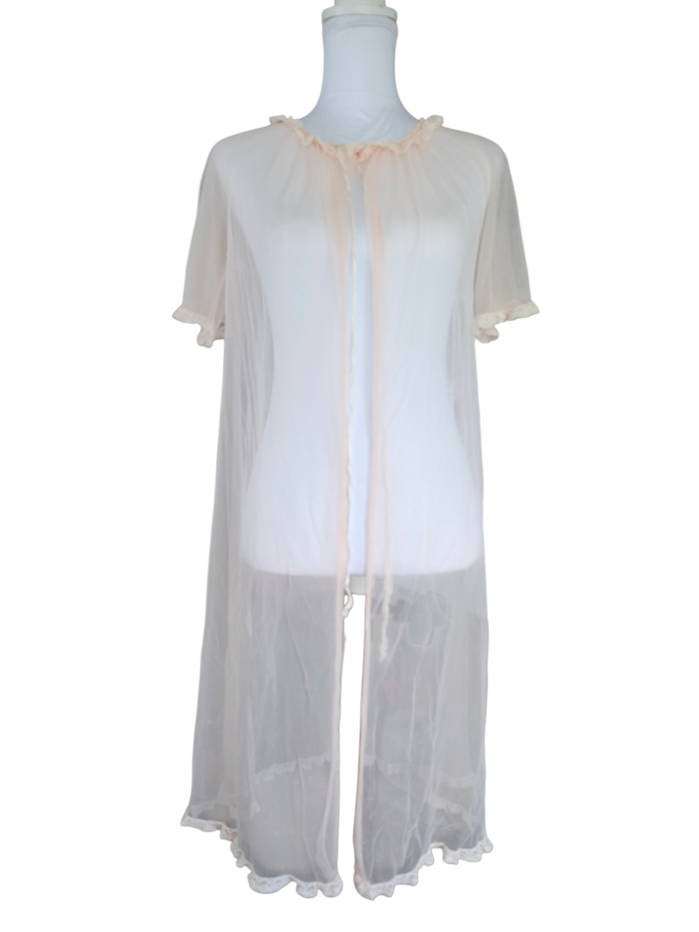 Vintage Movie Star Delicate Sheer Tie-Front Robe in Light Peach